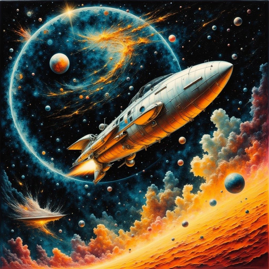 1950s Steampunk Rocket in Deep Space Painting