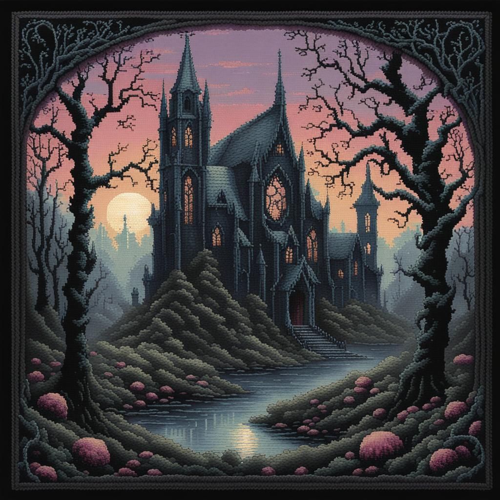 Dark Gothic Cross-Stitch Whimsical Woodlands in Pastel