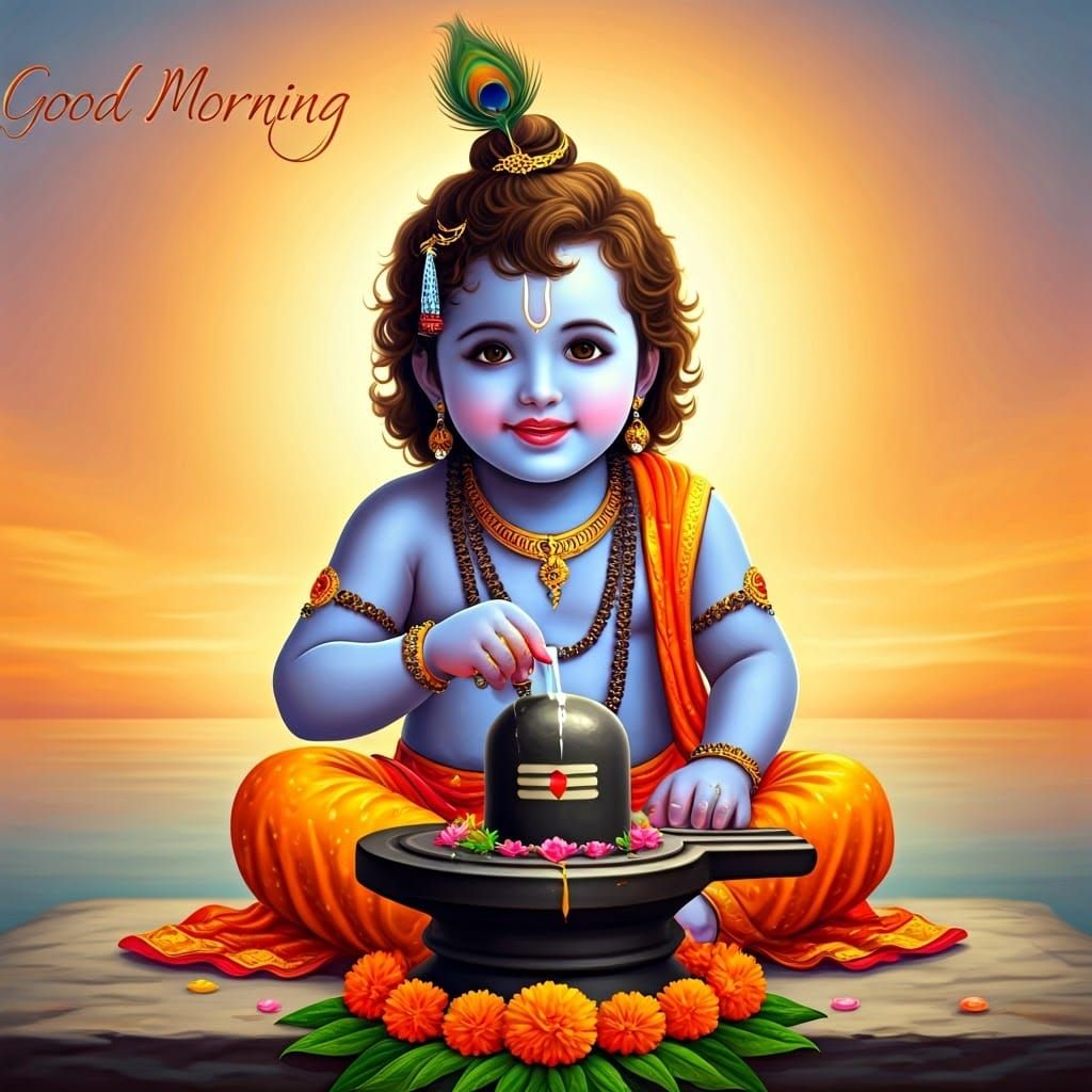 Joyful Baby Krishna Offers Water to Shiva Lingam in a Beauti...