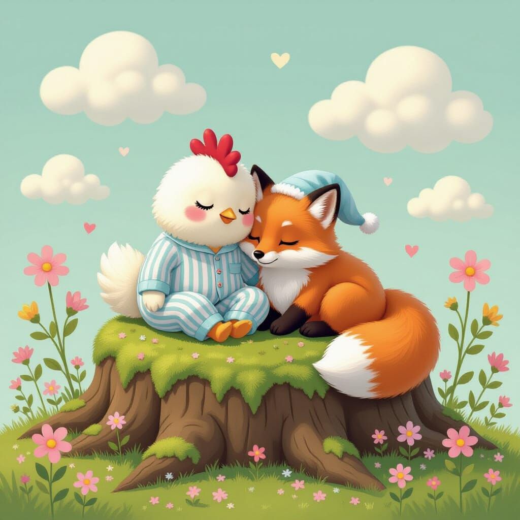 Whimsical Chicken and Fox Sleep Together in Dreamy Landscape