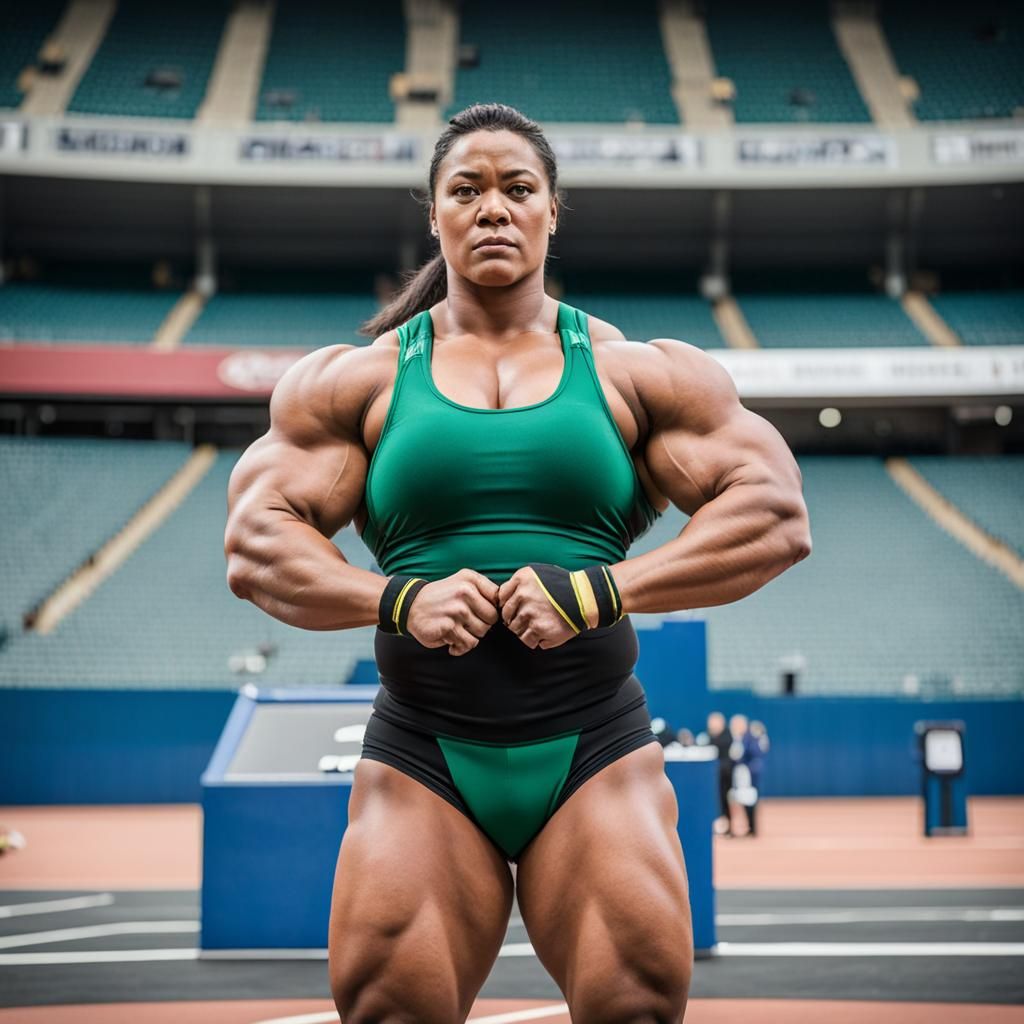 Eskimo Shot Putter Flexing Biceps in Stadium
