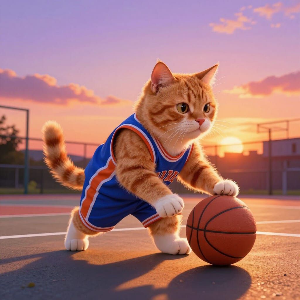 Fluffy Ginger Cat Dribbles Basketball Under Sunset Sky