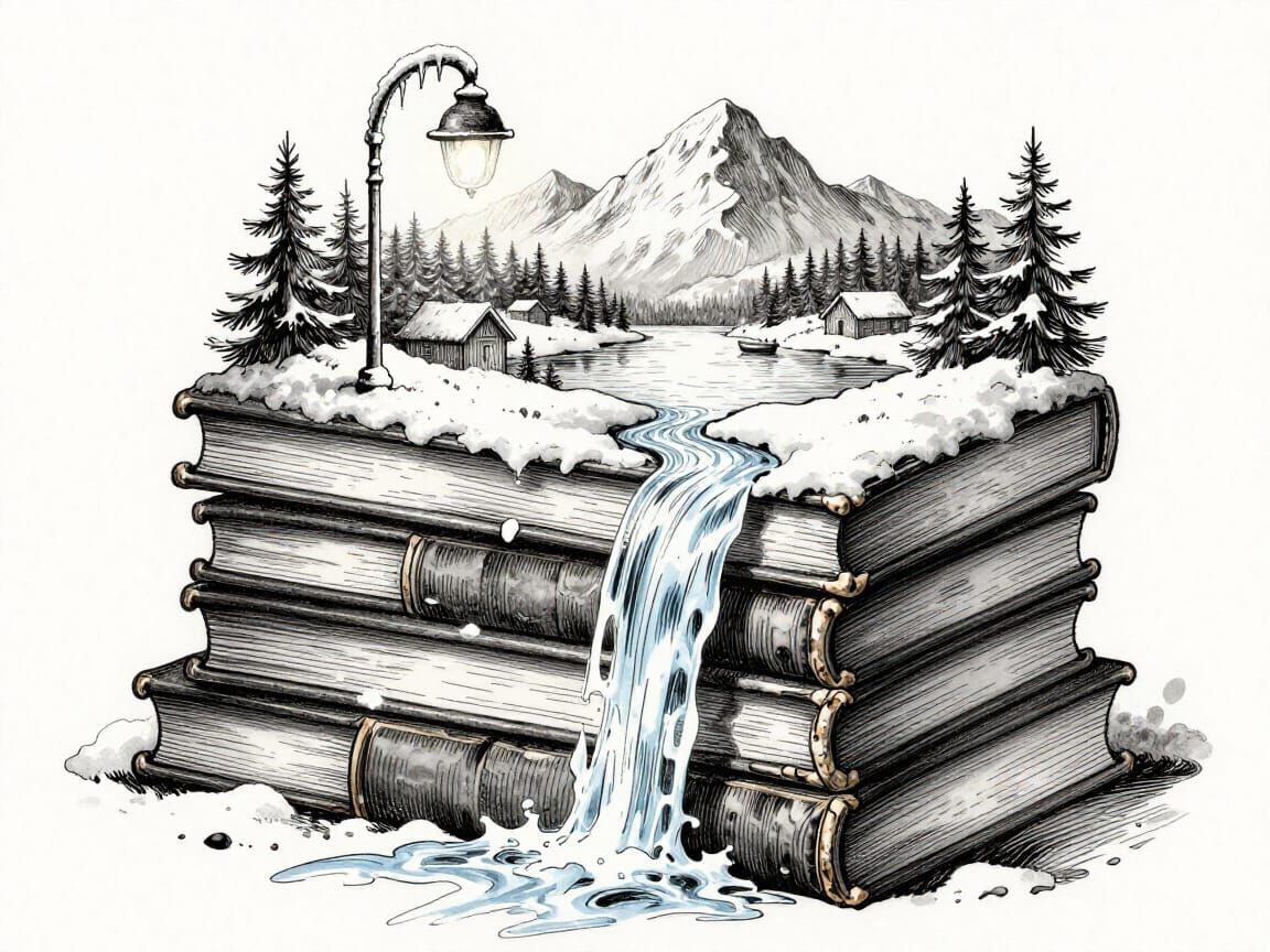 Surreal Ink Illustration of Winter World Emerging from Books