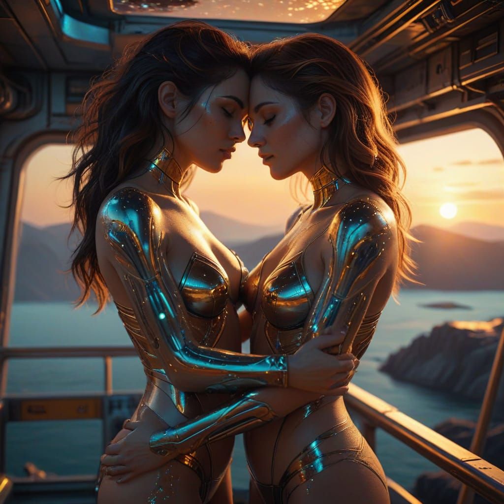 Sci-Fi Embrace on Floating Space Outpost