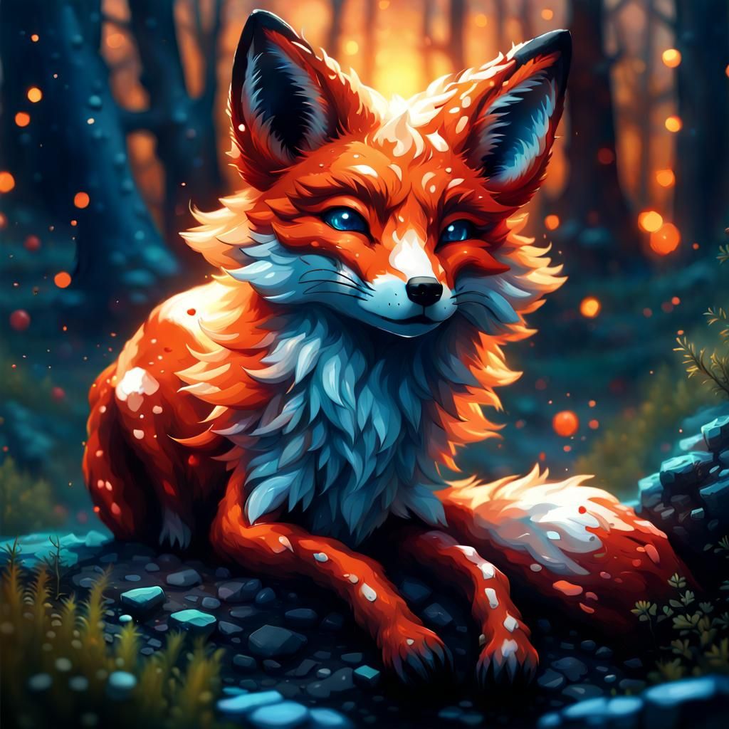 Fiery Fox in Night Landscape: Maximalist Digital Art