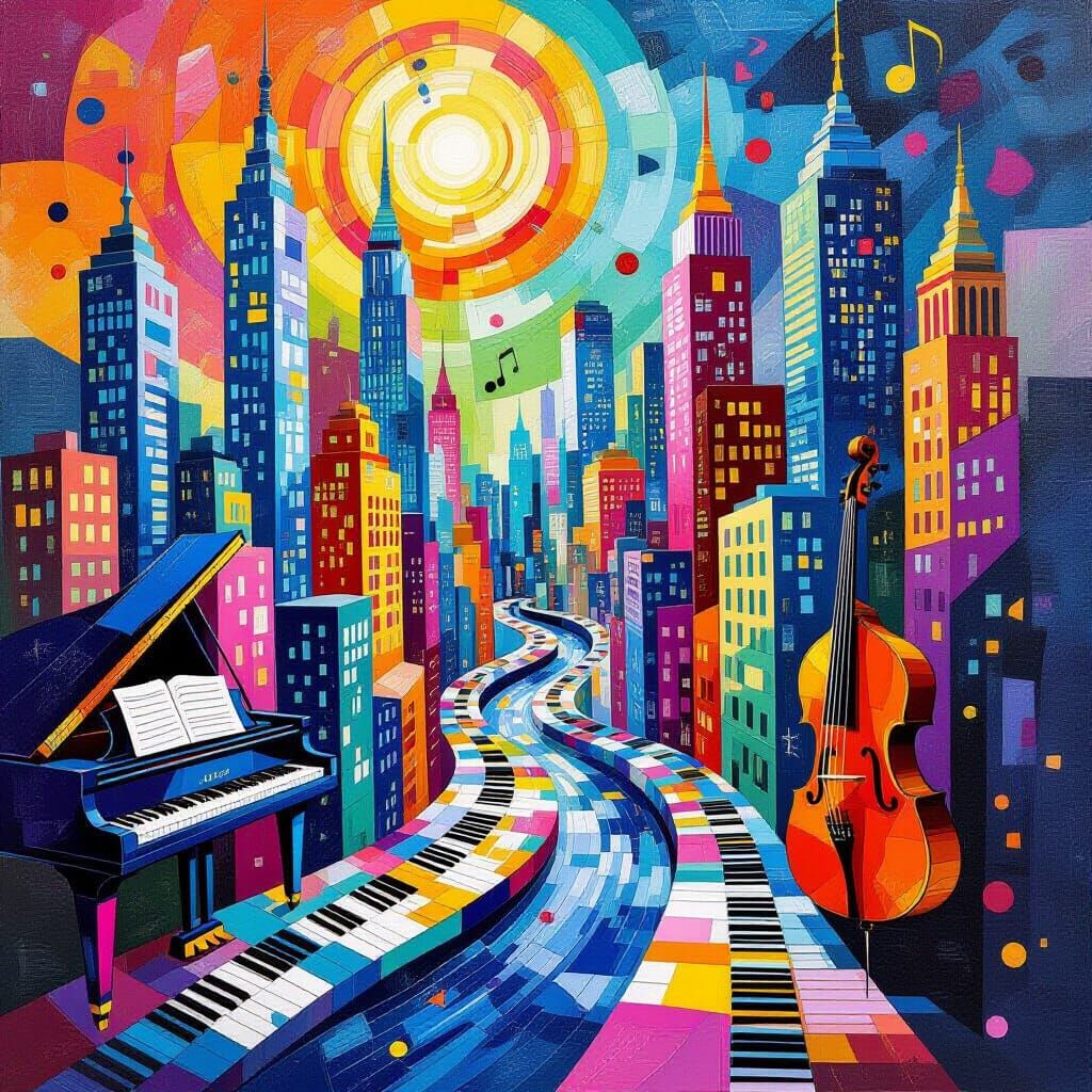 A vibrant, abstract cityscape