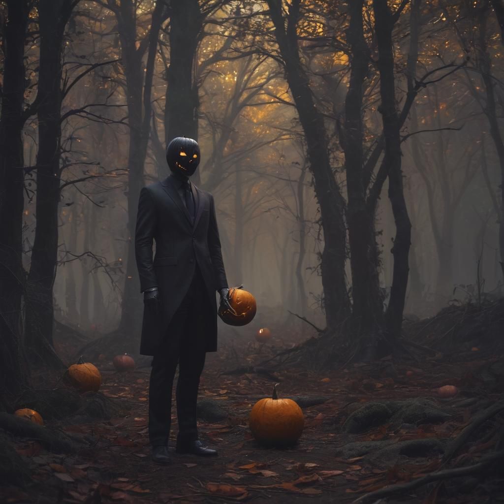 Pumpkin-Headed Man in Dark Fantasy Forest
