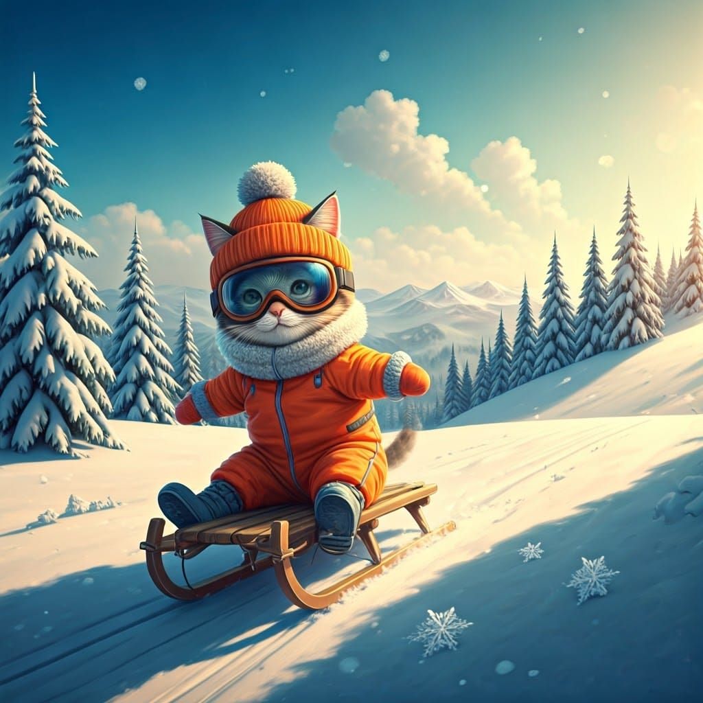 Whimsical Winter Wonderland with Joyful Kitten Sledder