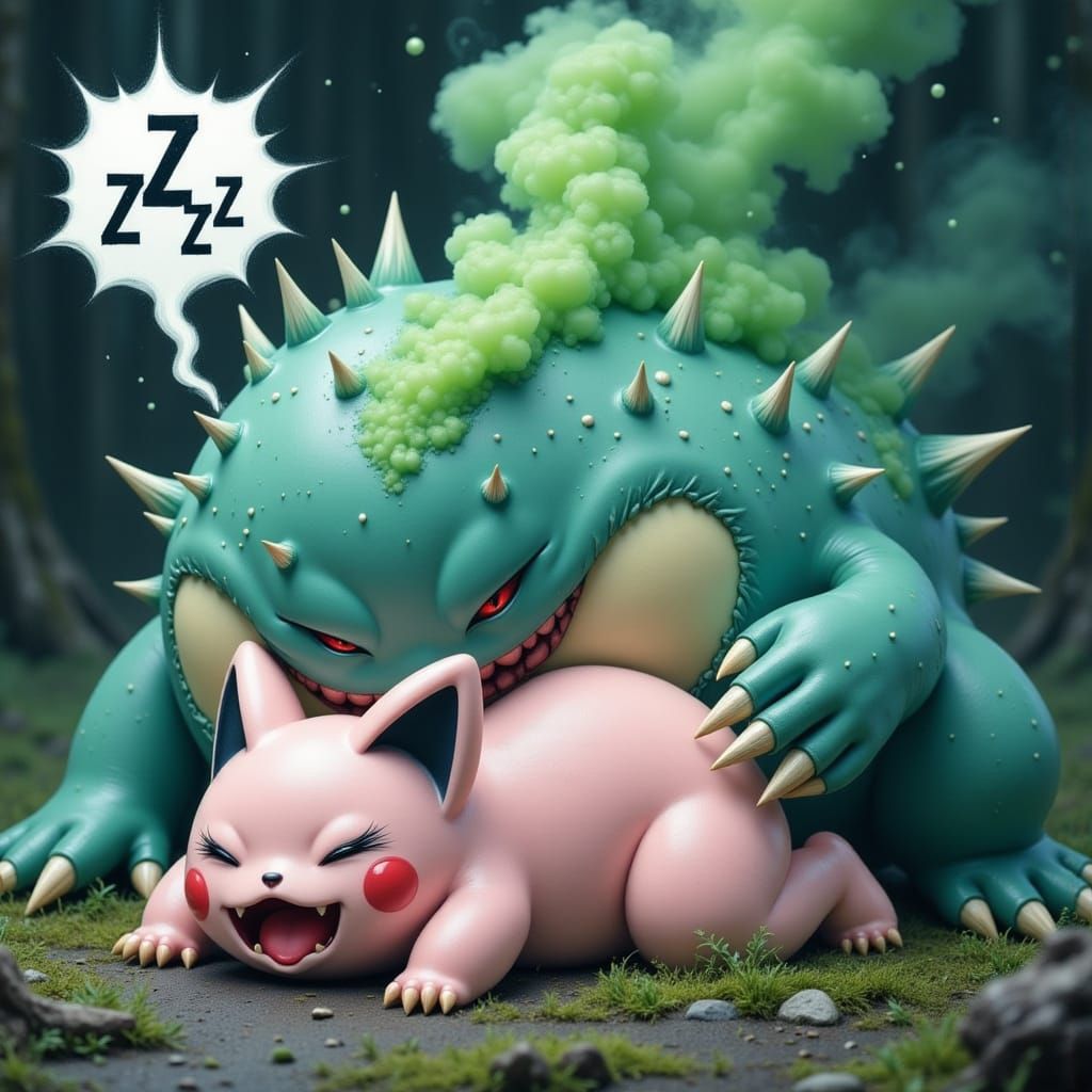 Snorlax Sleeping on Jigglypuff: Horror Pokemon Art