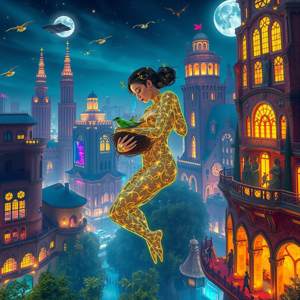 Surreal Bioluminescent Figure in Vibrant Cityscape