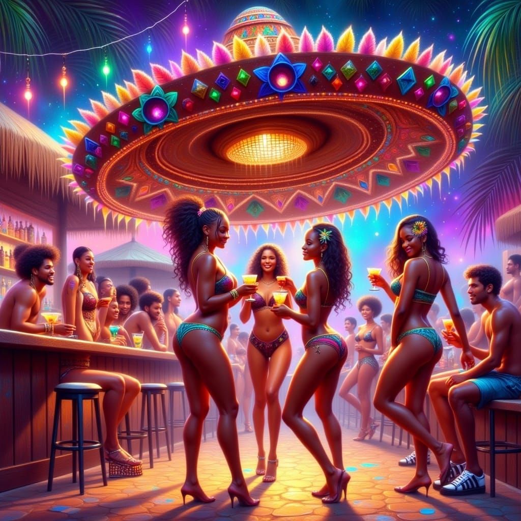 Tropical Bar Under Oversized Sombrero, Pino Daeni Style