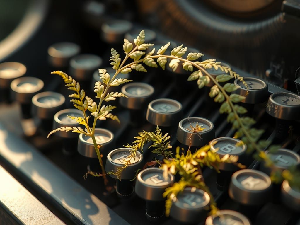 Fern Growing From Typewriter Keys in Golden Light