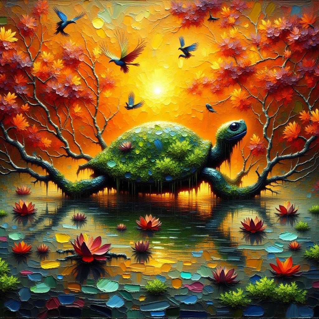 Mossy Turtle in Radiant Sunset Hues