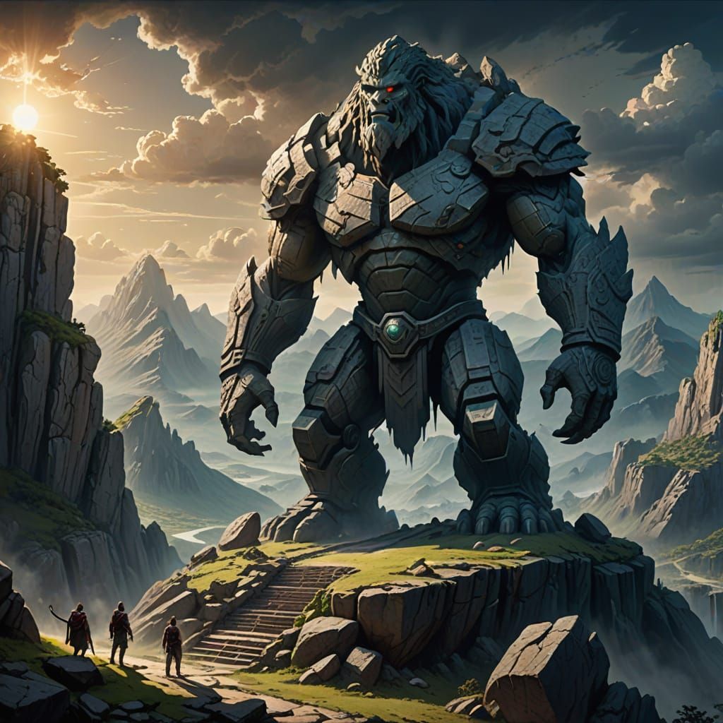 Colossal Stone Giant on Mountain in Epic Fantasy Landscape