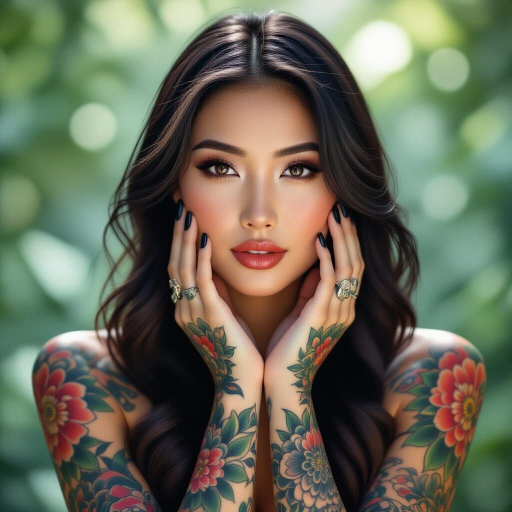 Asian Woman Portrait with Floral Tattoos in Photorealistic S...