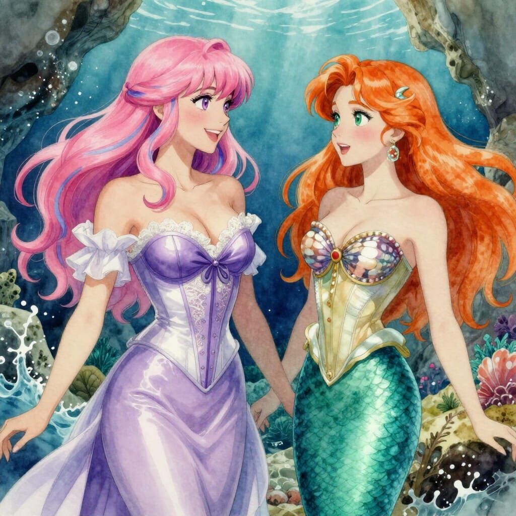 Woman Talks to Mermaid in Sea Cave Concept Art