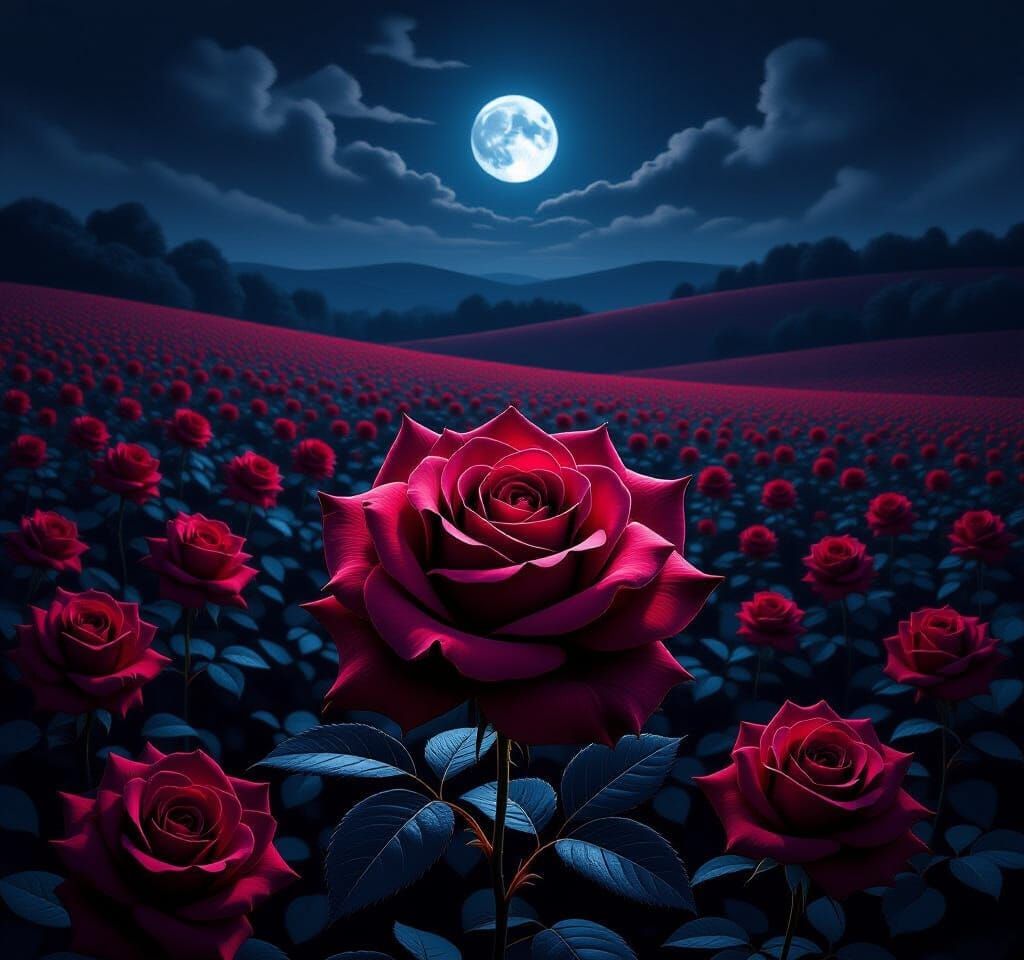 Field of Red and Black Roses at Night