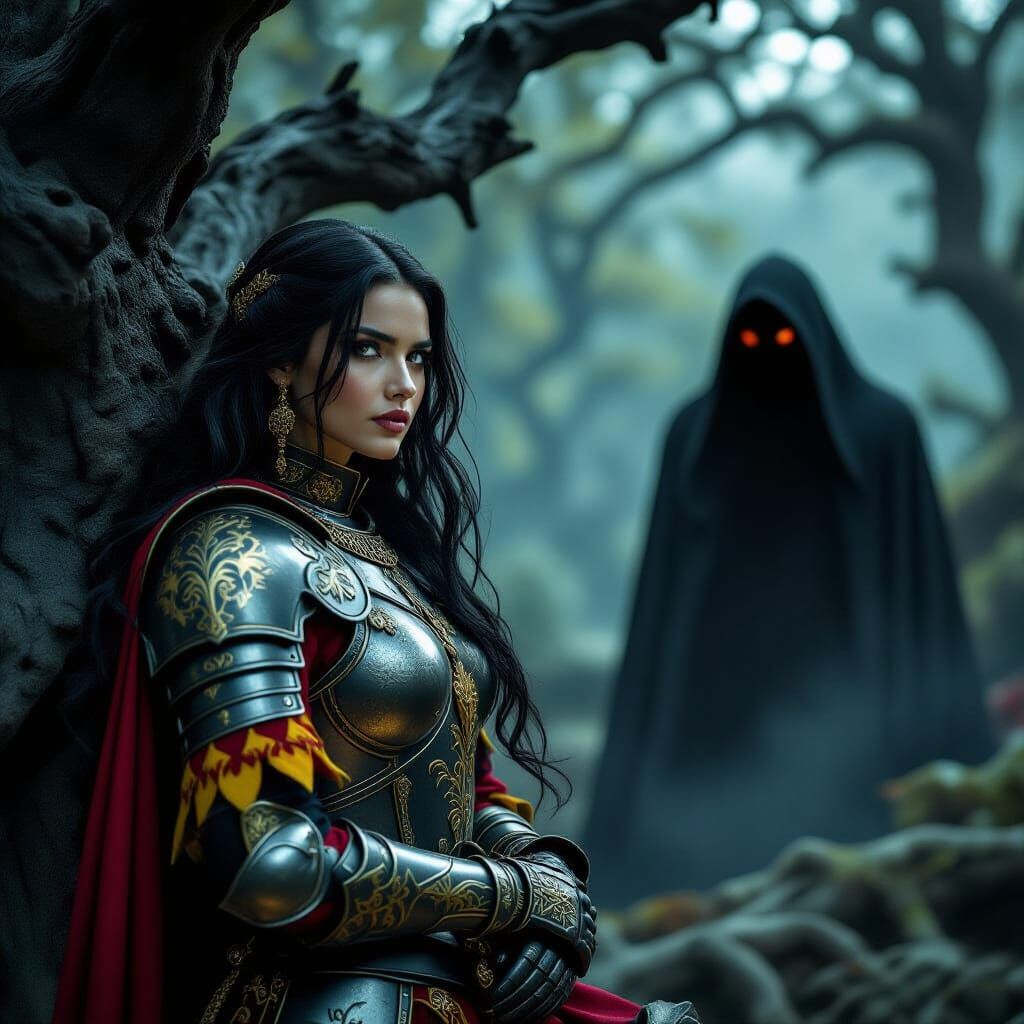 Medieval Guard Confronts Shadow in Horror Film Still