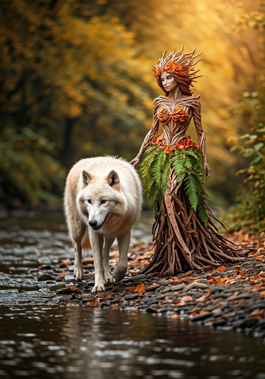 Albino Wolf and Dryad by River in Enchanted Forest