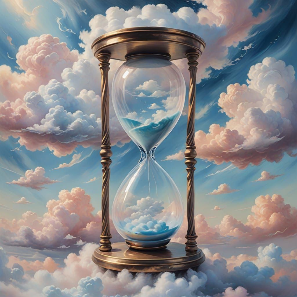 Surreal Hourglass Filled with Clouds as Oil Painting