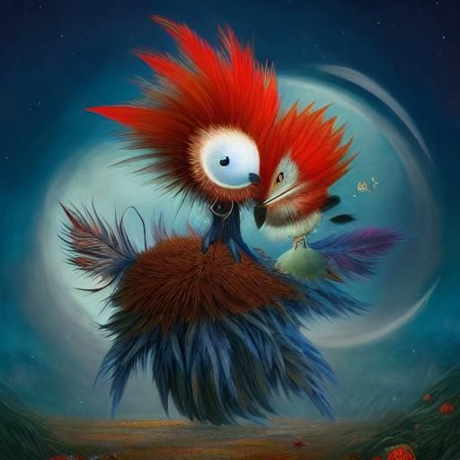 Gothic Punk Baby Bird in Whimsical Fairytale Scene