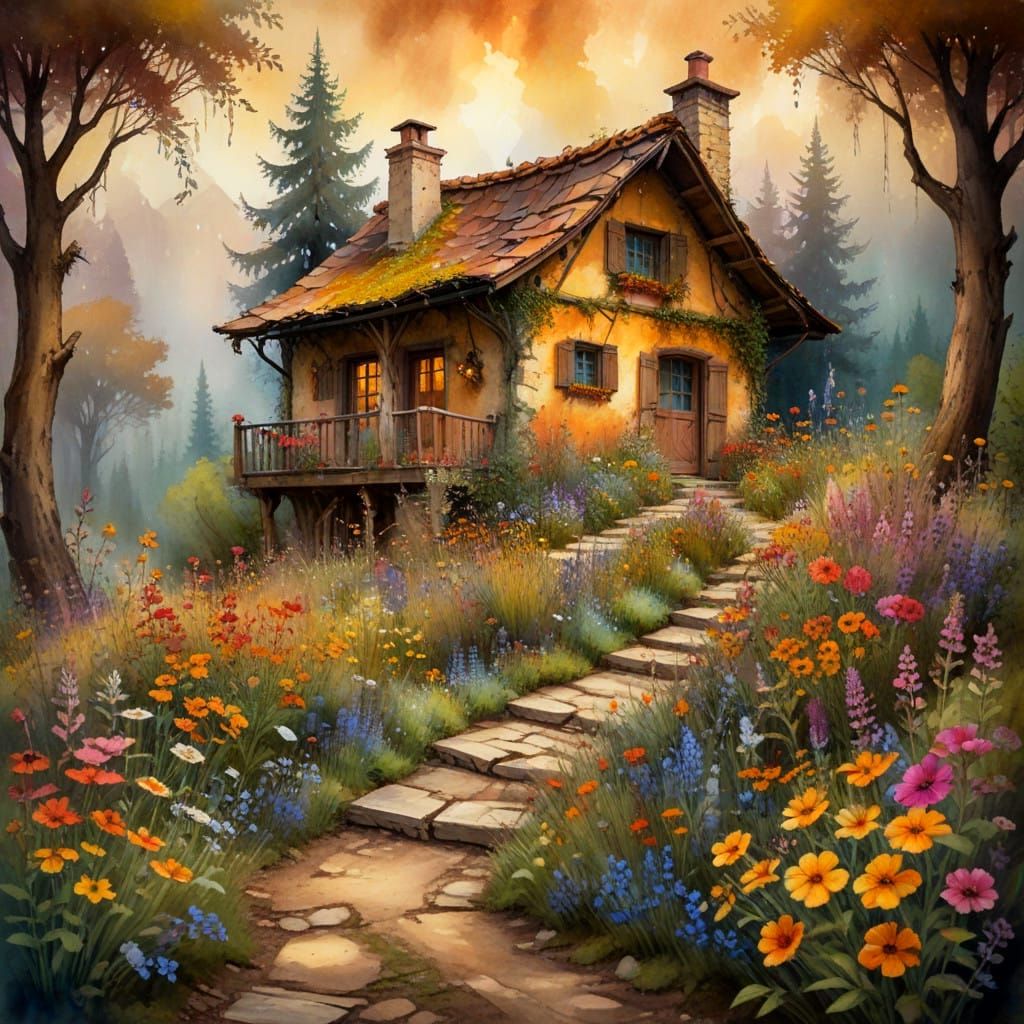 Rustic Italian Cottage in Vibrant Summer Bloom