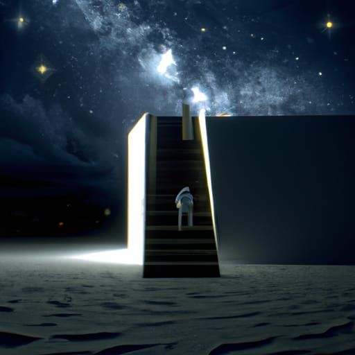 Man Walks Toward Doorway with Expanding Cube