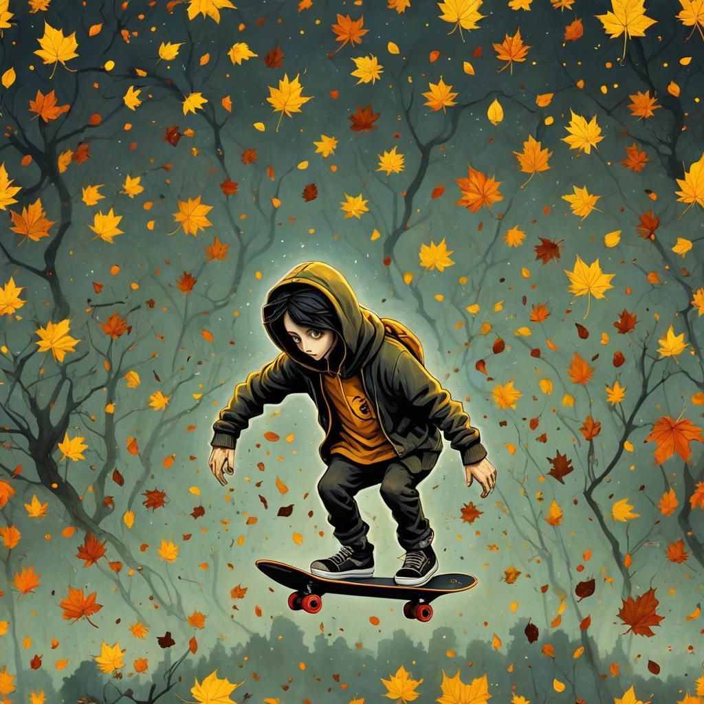 Skateboarding Boy in Autumnal Pop Surrealism Style