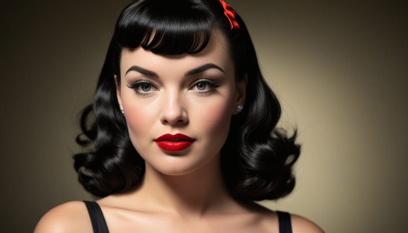 Bettie Page Retro Pin-Up Portrait in Film Noir Style