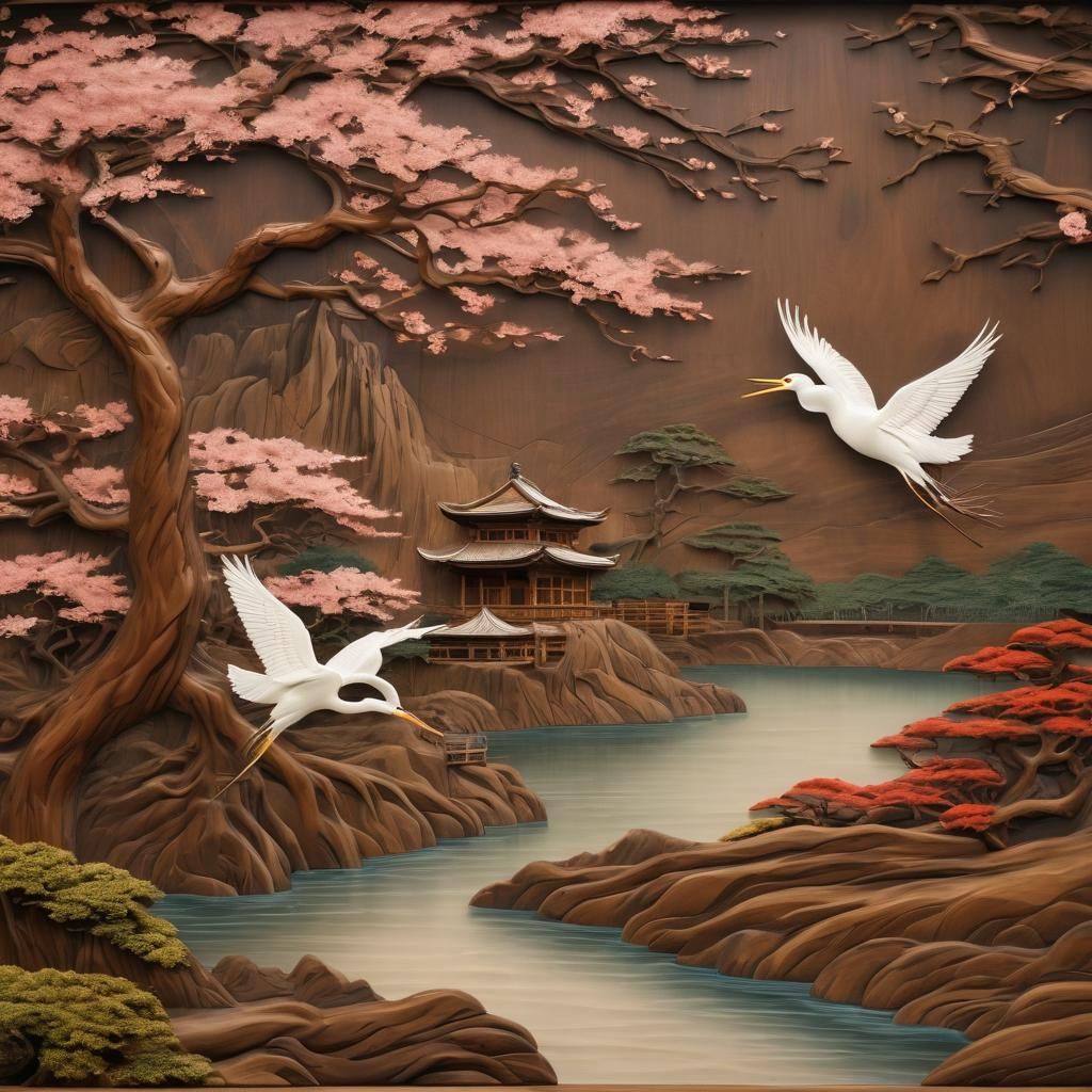 Carved Wood Panel of Japanese Landscape