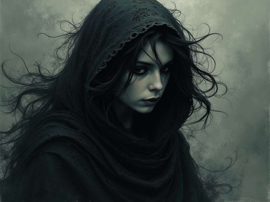 Ethereal Woman Lost in Turbulent Darkness