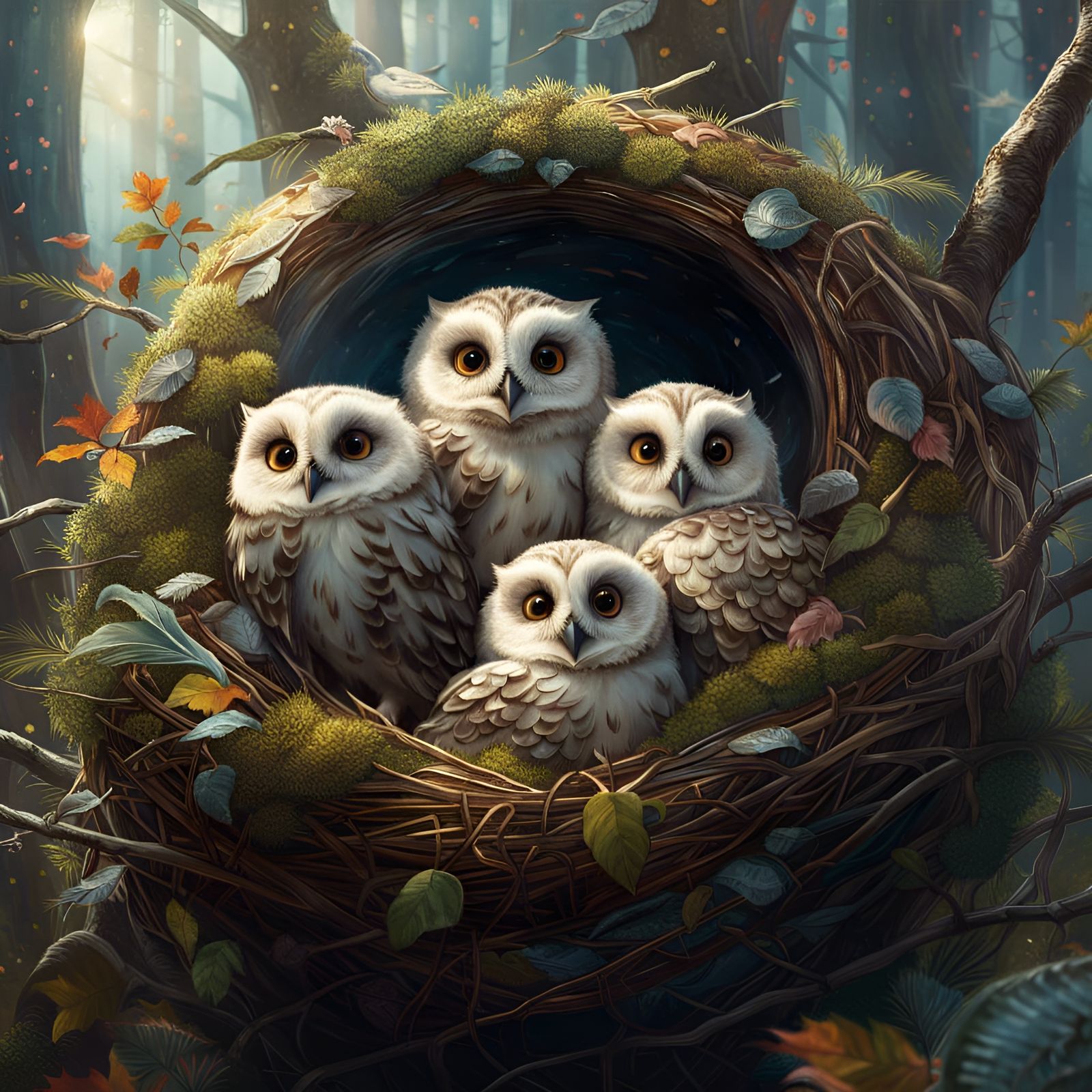 Adorable Baby Owls in Forest Nest, Hyperrealistic