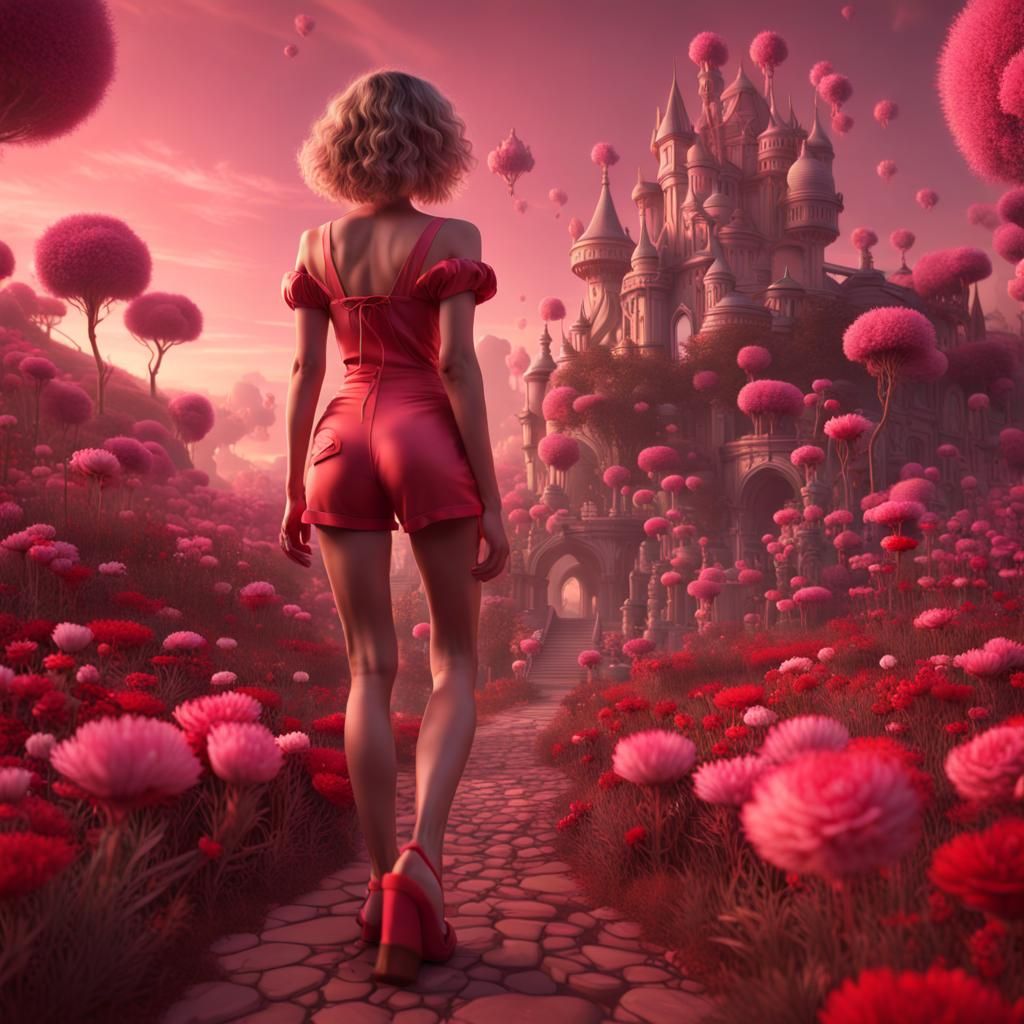 Girl Walks into Surreal Pink Sunset: Fantasy Art