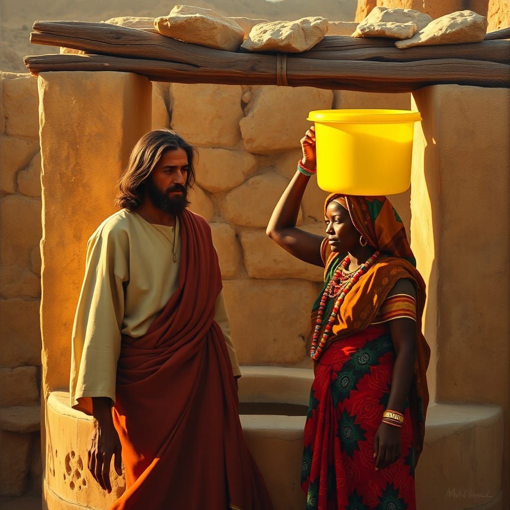 Biblical Figure in African Setting with Colorful Textiles