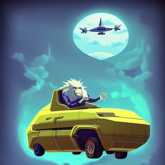 Ape and Cybernetic Lion in Flying Car