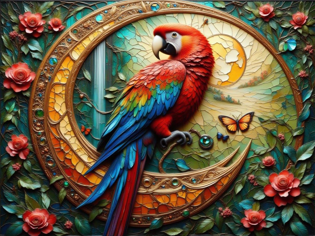 Scarlet Macaw on Filigree Moon in Tropical Paradise