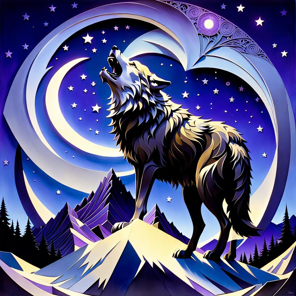 Wolf Howling at Moon in Geometric Kirigami Art