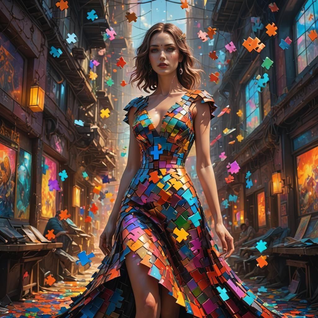 Glamorous Woman in Jigsaw Puzzle Dress, Detailed Matte Paint...