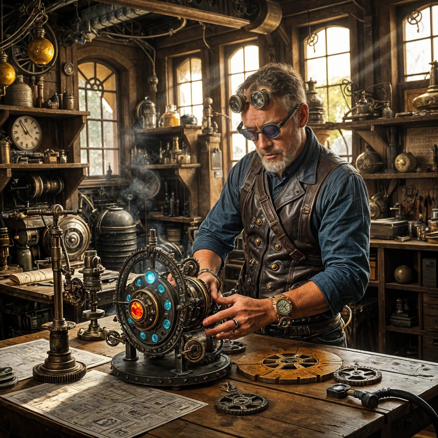 Steampunk Inventor Tinkers with Clockwork Device in Cluttere...