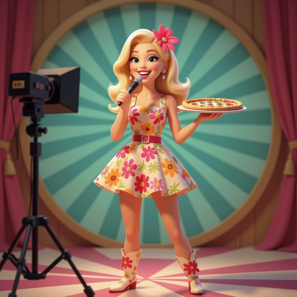 Pop Singer Serving Pizza in a TV Studio