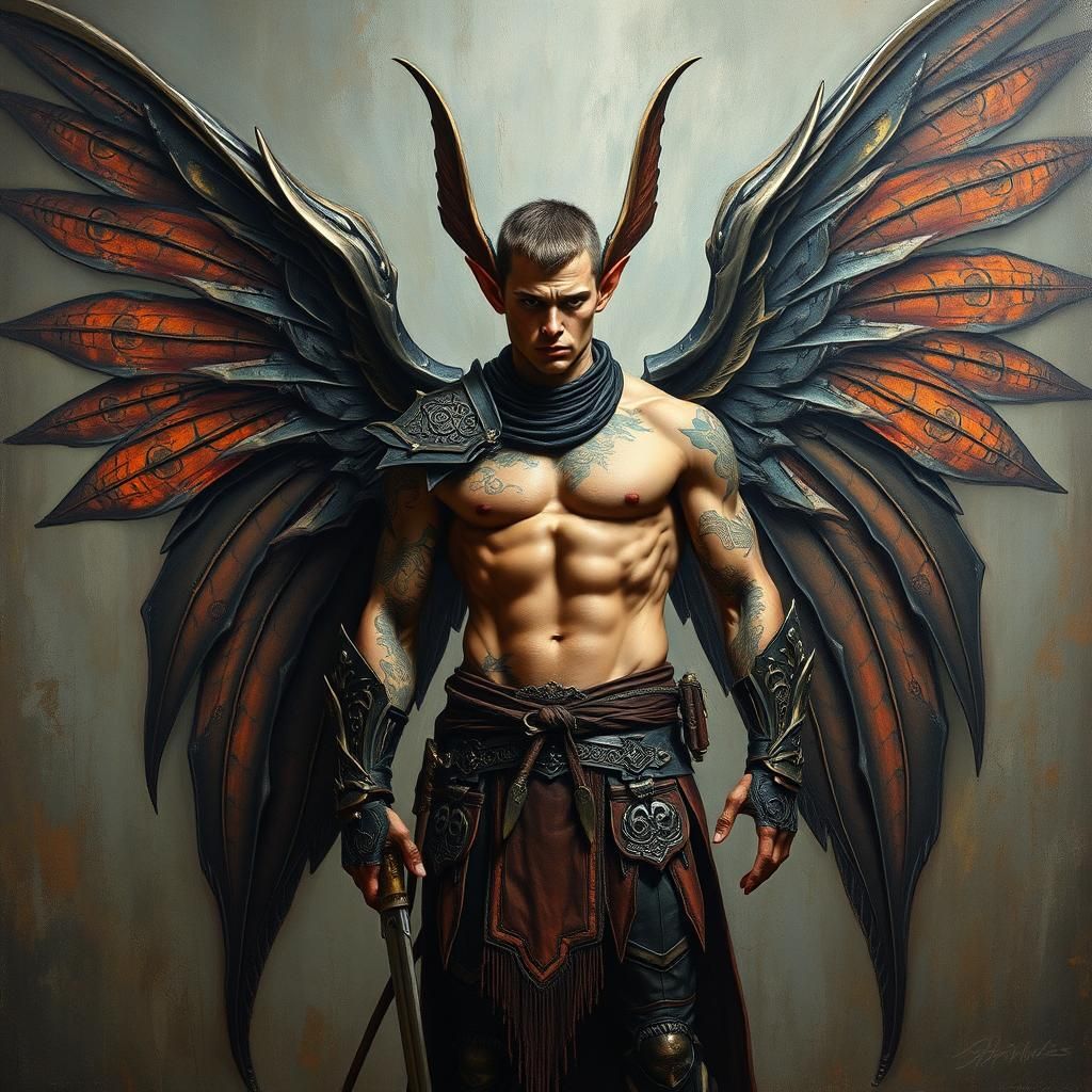 Winged Elf Executioner in Dystopian Impasto Style