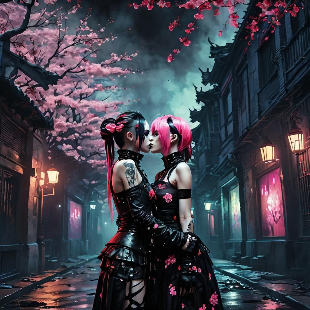 Cyber Goth Girls Kissing in Surrealist Cityscape