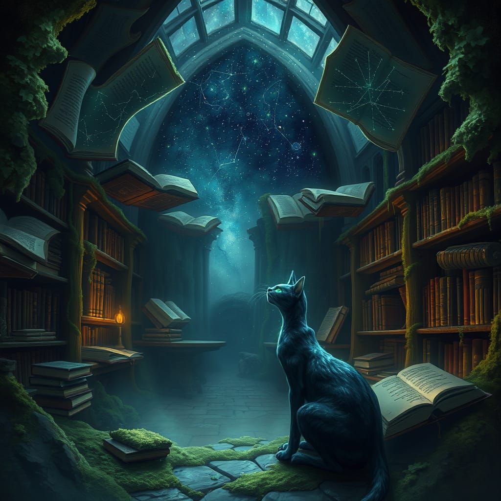 Mystical Floating Library with Spectral Cat
