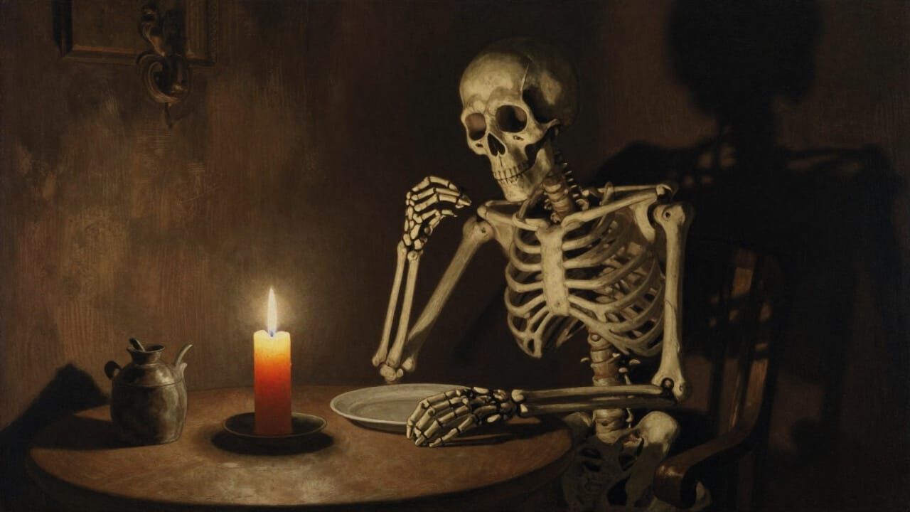 Skeleton Eating at Table in Dim Candlelight