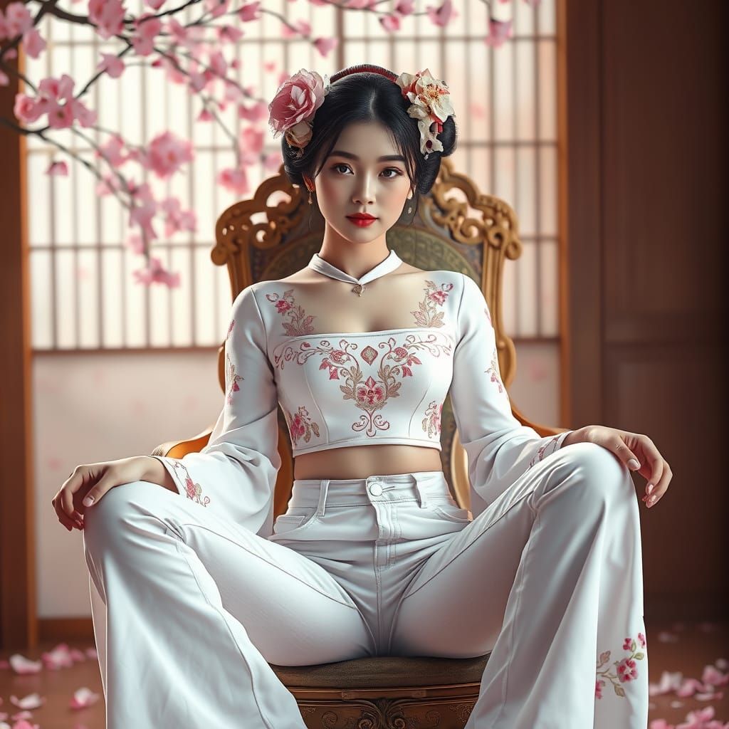 Geisha in Embroidered Top on Ornate Chair