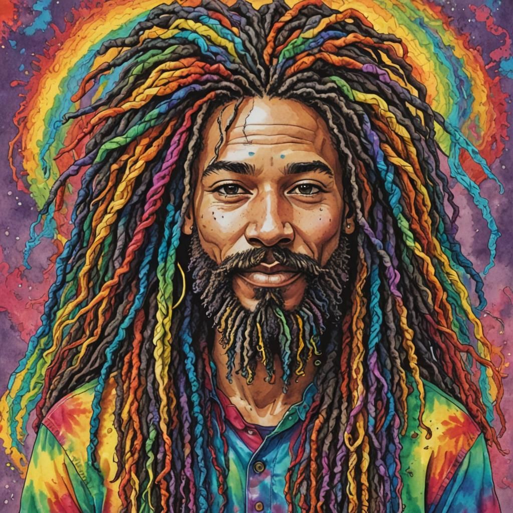 Whimsical Illustration: Man with Rainbow Yarn Beard