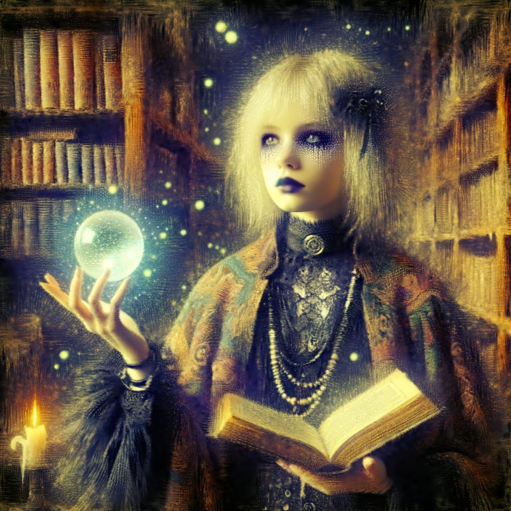 Mysterious Emo Diviner in Impressionist Library
