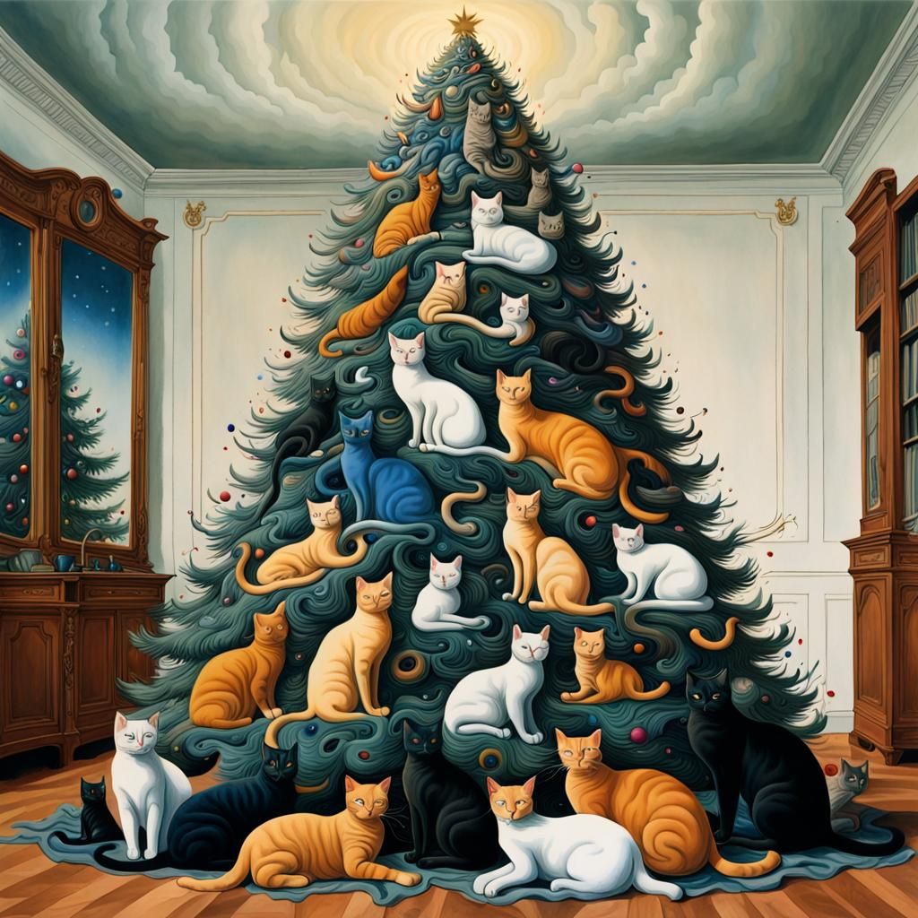 Surreal Christmas Tree Made of Cats