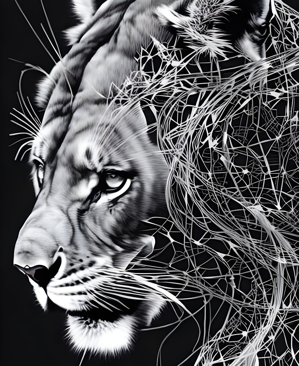 Detailed Lioness Portrait with Silver Outlines