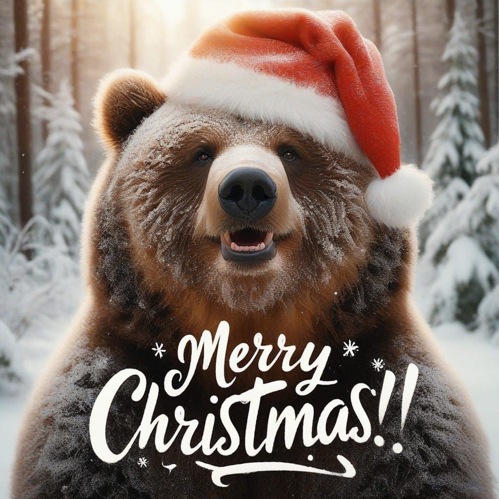 Merry Christmas! A Whimsical Kodiak Bear Wears Santa Hat in...
